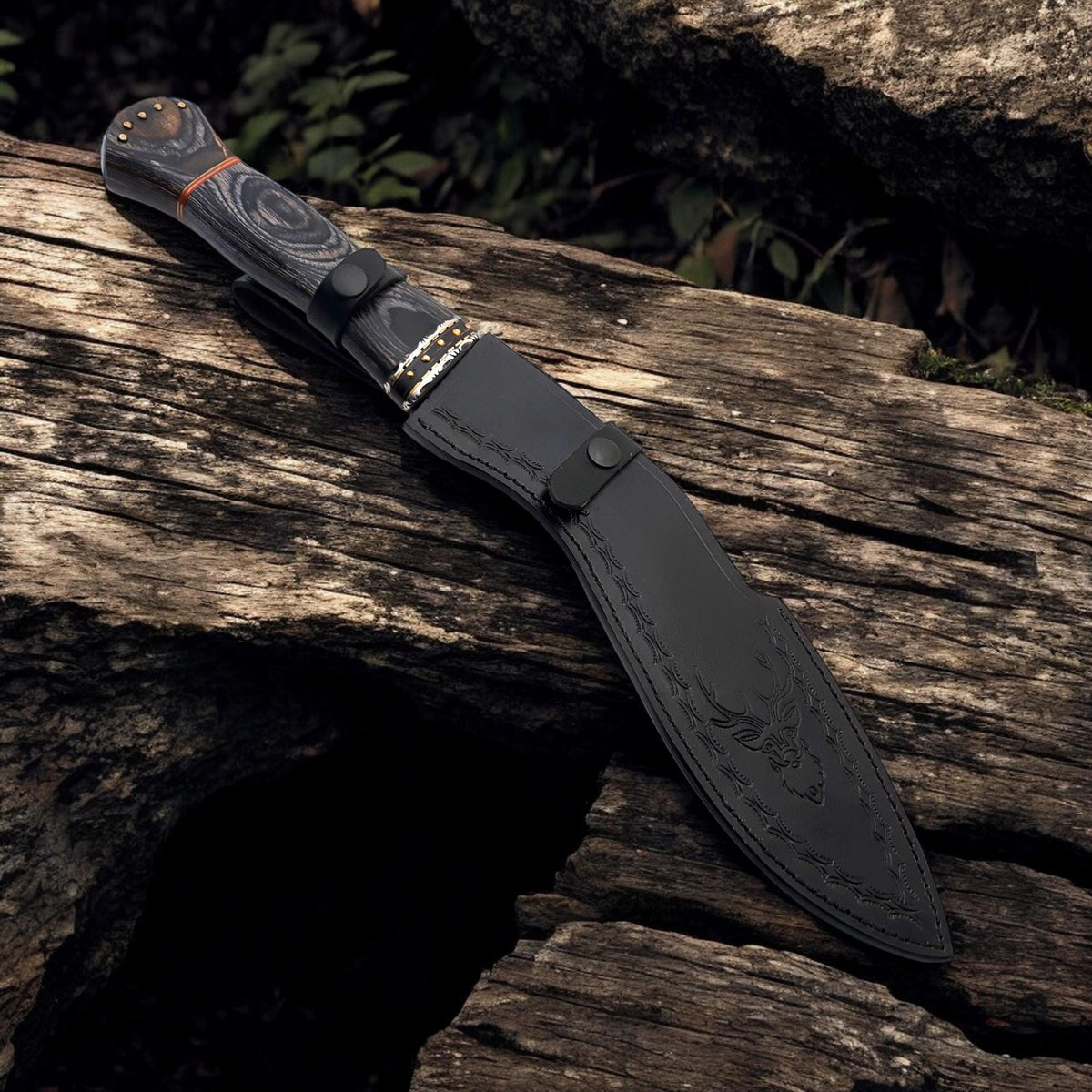 Damascus Steel Kukri Machete , Hand Forged Layered Steel Bushcraft, Survival, and Hunting Knife with Leather Sheath - Exotic Wood Handle