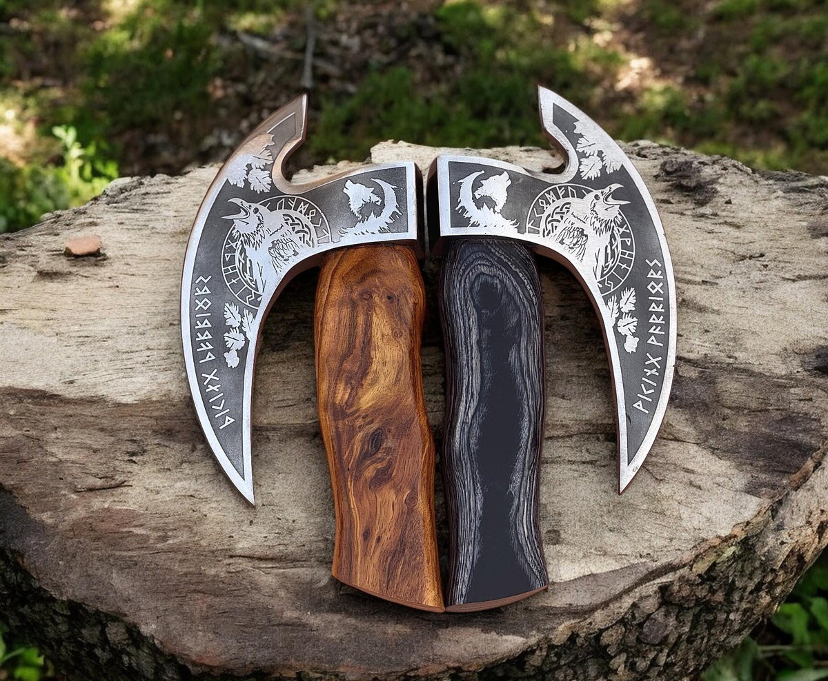 Viking Pizza Cutter Axe , Hand Forged Stainless Steel Blade with Nordic Engravings & Black Wood Handle , Unique Pizza Slicer Gift for Him