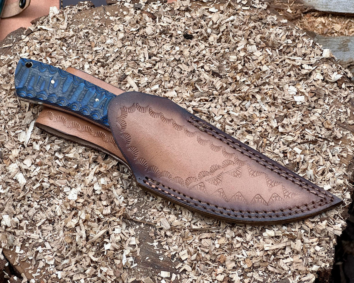 EDC Damascus Knife with Sheath , 9" Fixed Blade Knife for Hunting & Bushcraft - Skinning Knife with Blue Textured Handle - Groomsmen Gift