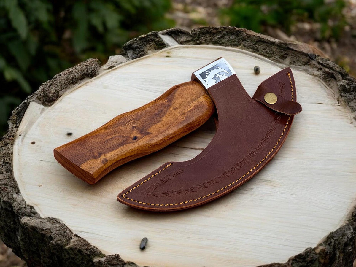 Handmade Viking Pizza Cutter Axe , Norse Raven Engraved Blade, Runic Decor, Nordic Pizza Slicer with Wooden Handle & Leather Sheath