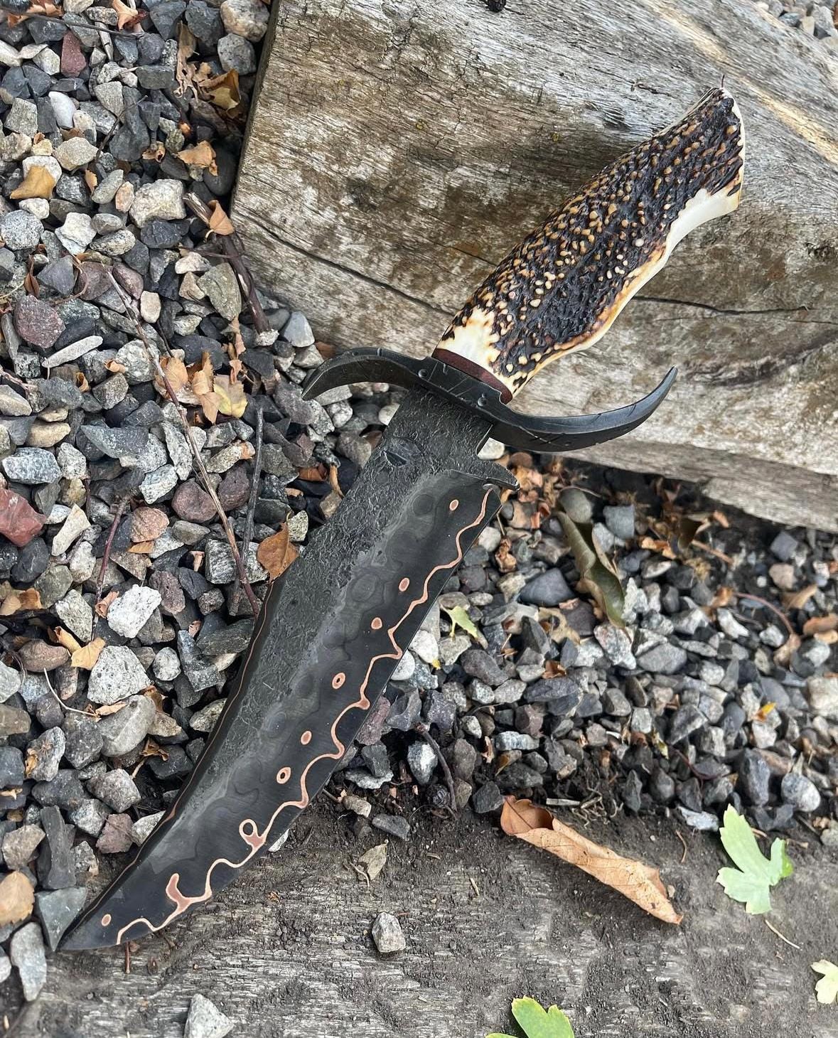 Hand,Forged Copper Damascus Bowie Knife with Stag Antler Handle – Personalized Cu Mai Hunting Knife with Custom Guard and a sheath