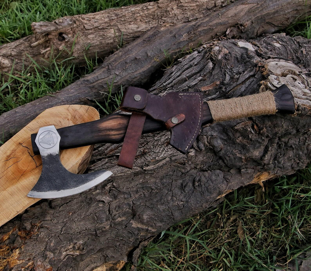 Custom Viking Bearded Axe , Hand-Forged Norse Hatchet with Burnt Handle - Bushcraft Axe for Camping & Display - Personalized Gift for Men