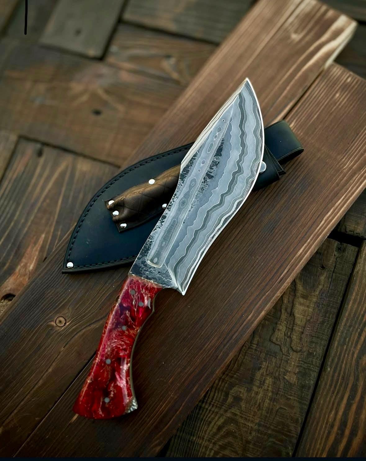 Personalized Damascus Steel Camping Knife with Red Resin Burl Handle ,Full Tang Hunting Knife with Leather Sheath , Gift for Men