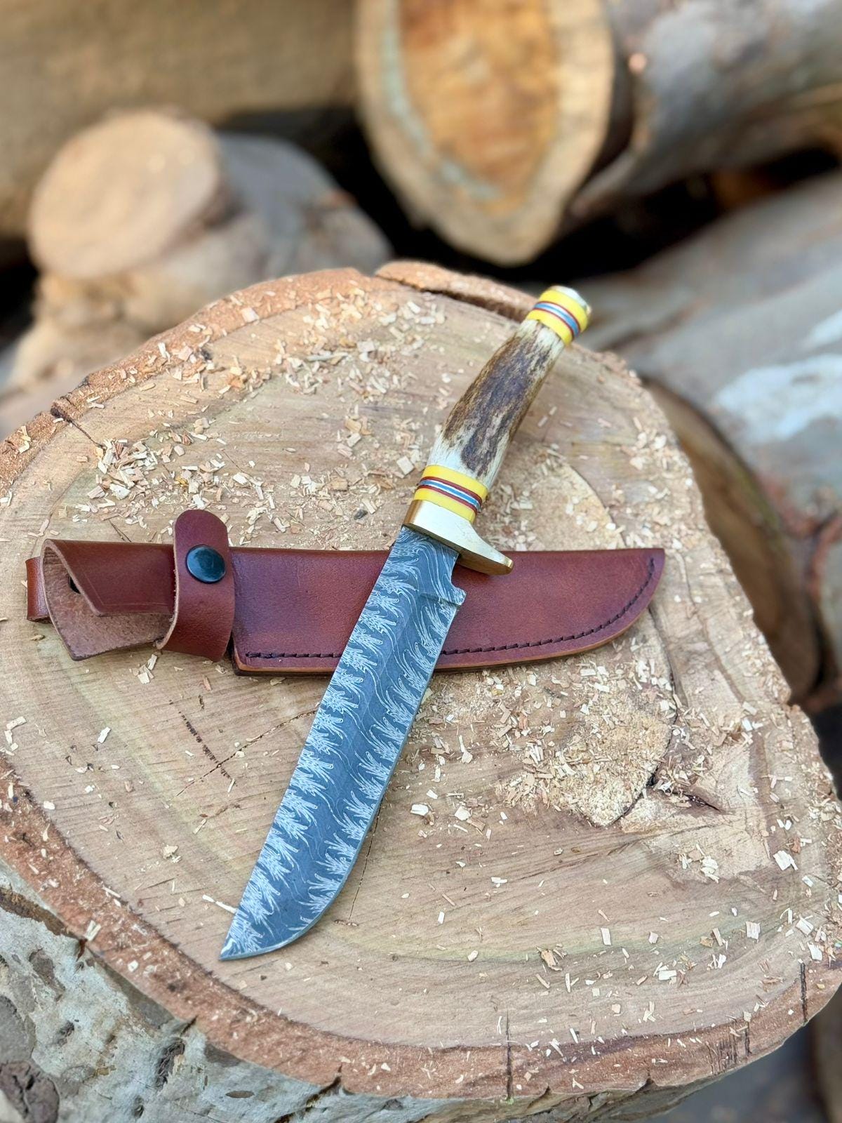 Mosaic Damascus Hunting Knife ,13" Fixed Blade with Stag Handle, Brass Guard & Pommel ,Custom Collectible Bowie Knife with Leather Sheath