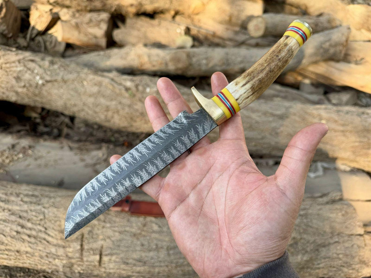 Mosaic Damascus Hunting Knife ,13" Fixed Blade with Stag Handle, Brass Guard & Pommel ,Custom Collectible Bowie Knife with Leather Sheath