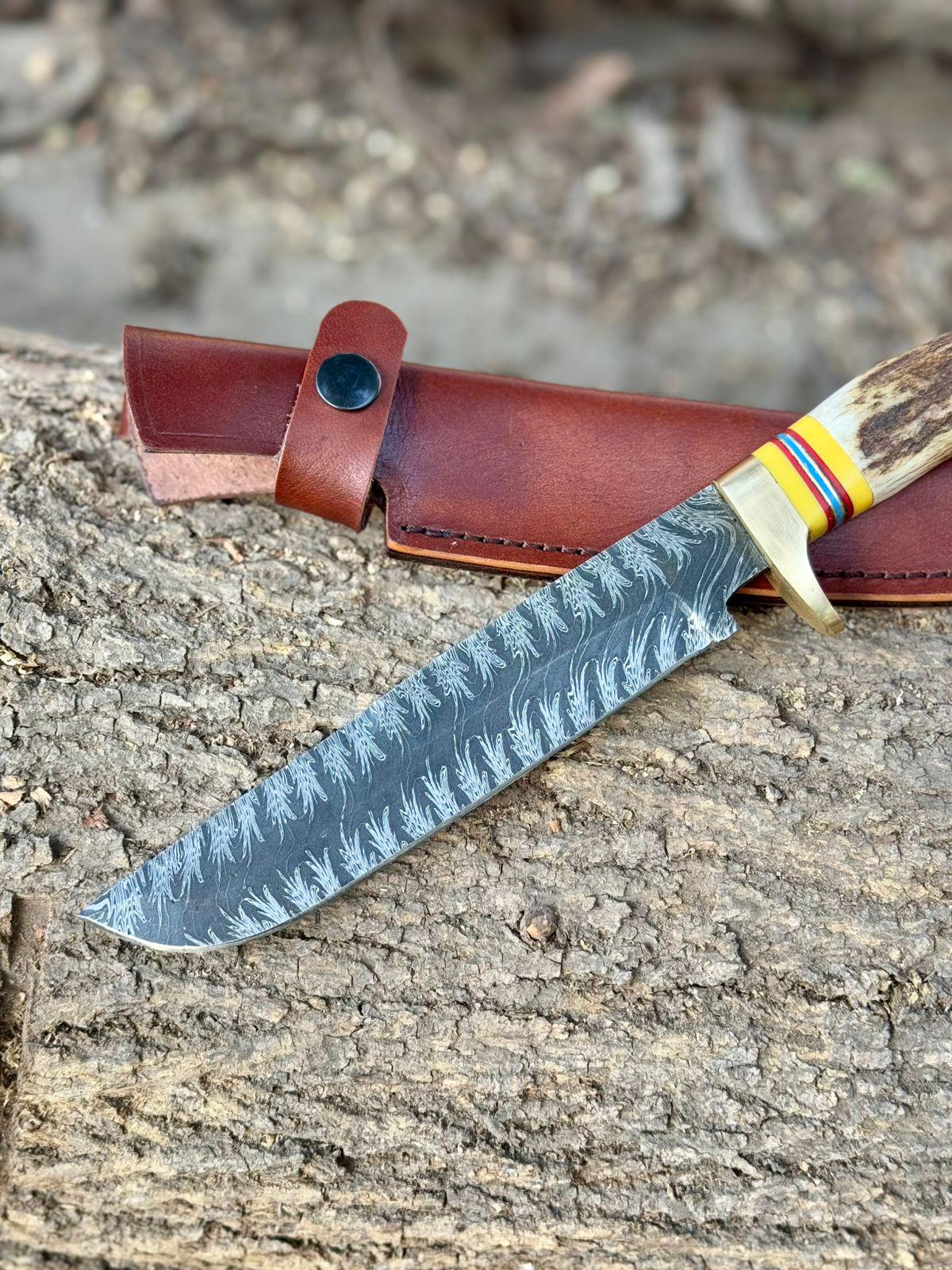 Mosaic Damascus Hunting Knife ,13" Fixed Blade with Stag Handle, Brass Guard & Pommel ,Custom Collectible Bowie Knife with Leather Sheath