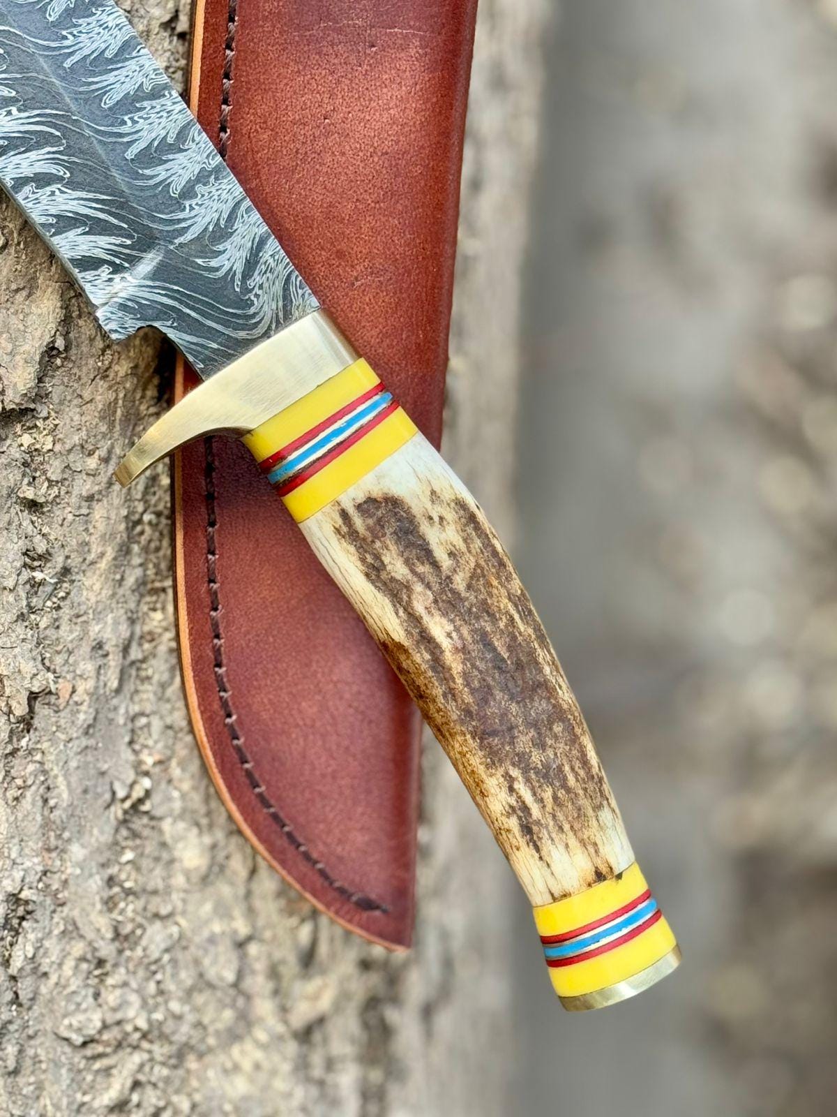 Mosaic Damascus Hunting Knife ,13" Fixed Blade with Stag Handle, Brass Guard & Pommel ,Custom Collectible Bowie Knife with Leather Sheath