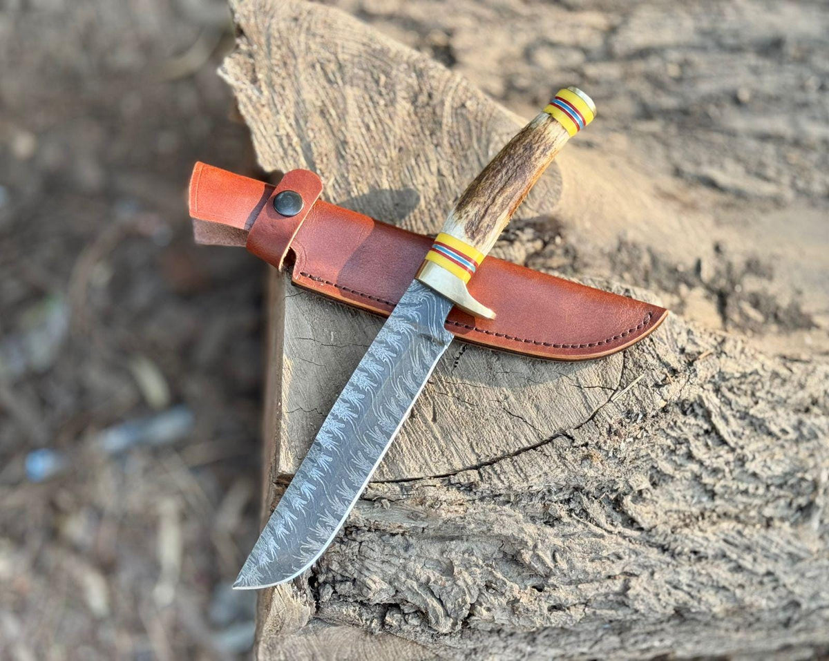 Mosaic Damascus Hunting Knife ,13" Fixed Blade with Stag Handle, Brass Guard & Pommel ,Custom Collectible Bowie Knife with Leather Sheath