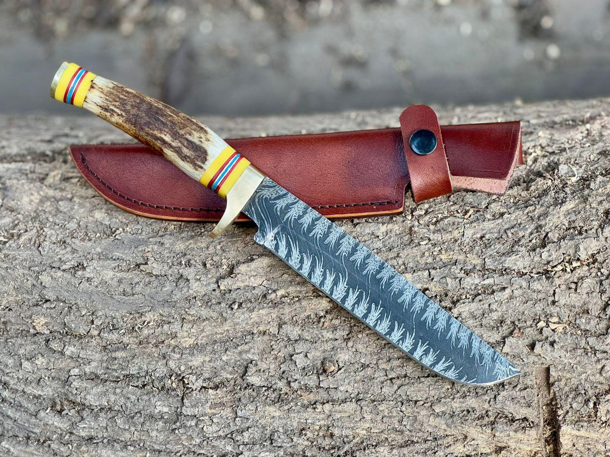 Mosaic Damascus Hunting Knife ,13" Fixed Blade with Stag Handle, Brass Guard & Pommel ,Custom Collectible Bowie Knife with Leather Sheath