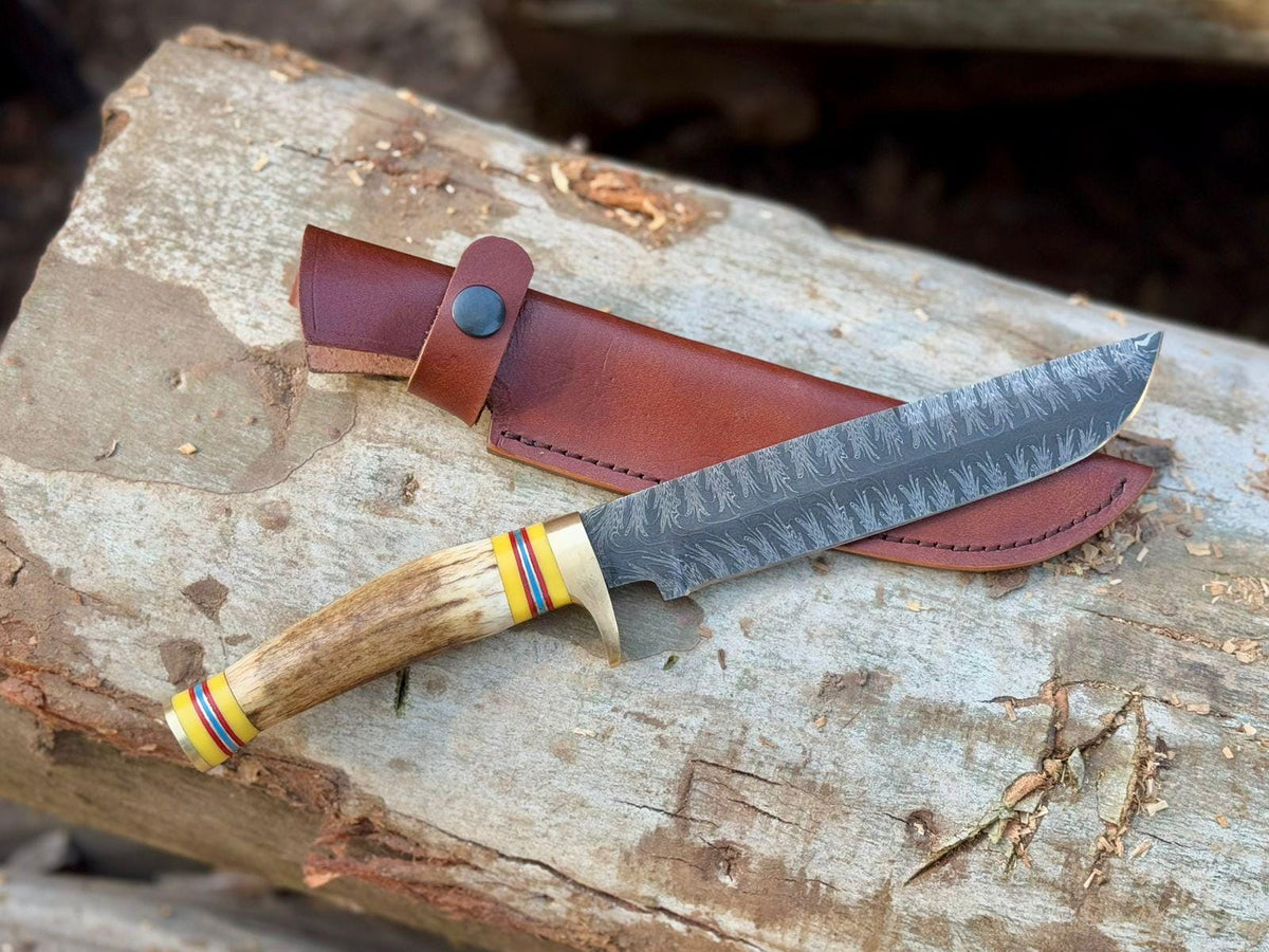 Mosaic Damascus Hunting Knife ,13" Fixed Blade with Stag Handle, Brass Guard & Pommel ,Custom Collectible Bowie Knife with Leather Sheath