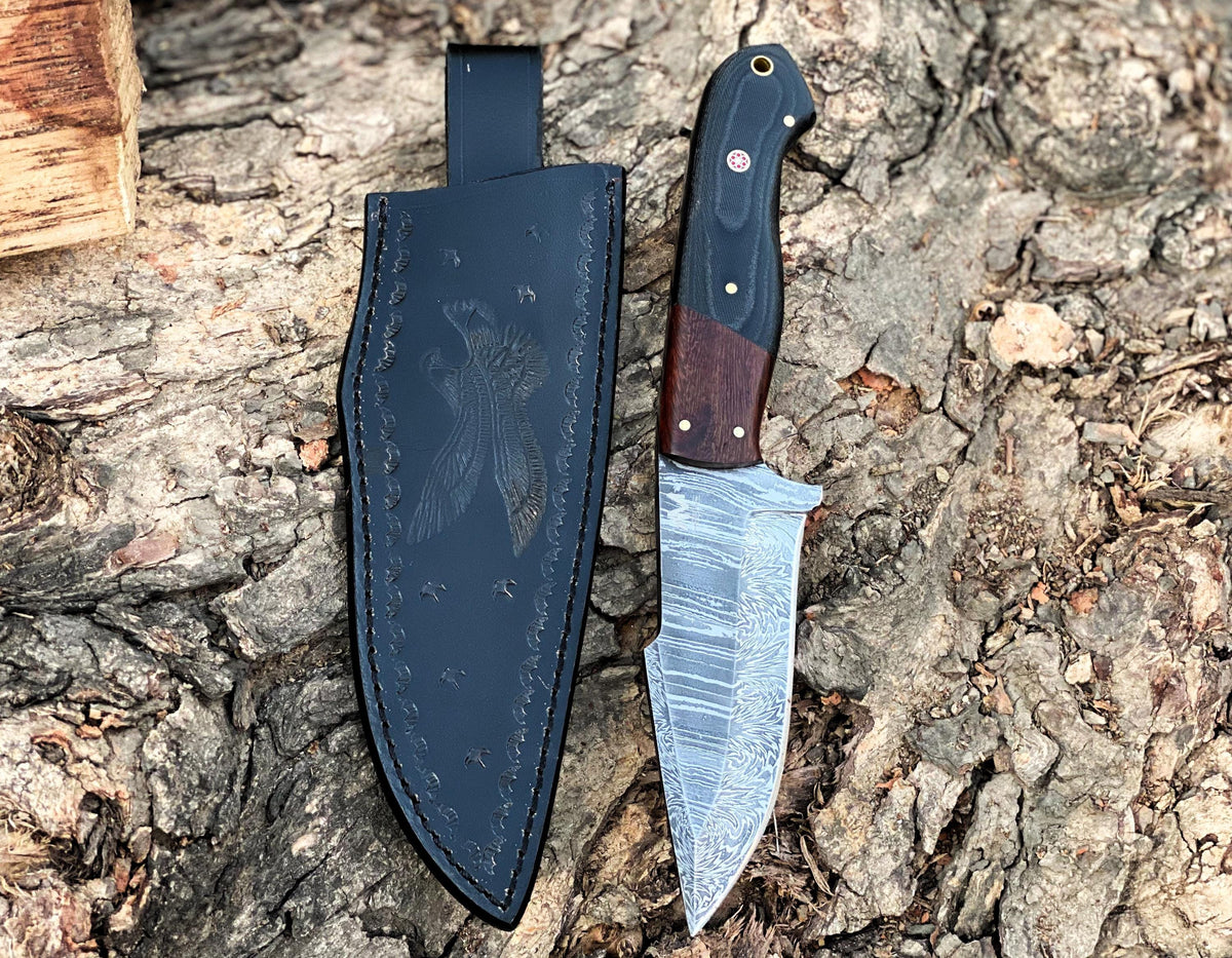 Full Tang Knife for Hunting and Skinning, Hand Forged Fixed Blade Damascus Knife , 10” Outdoor Camping Knife with Resin & Wood Handle