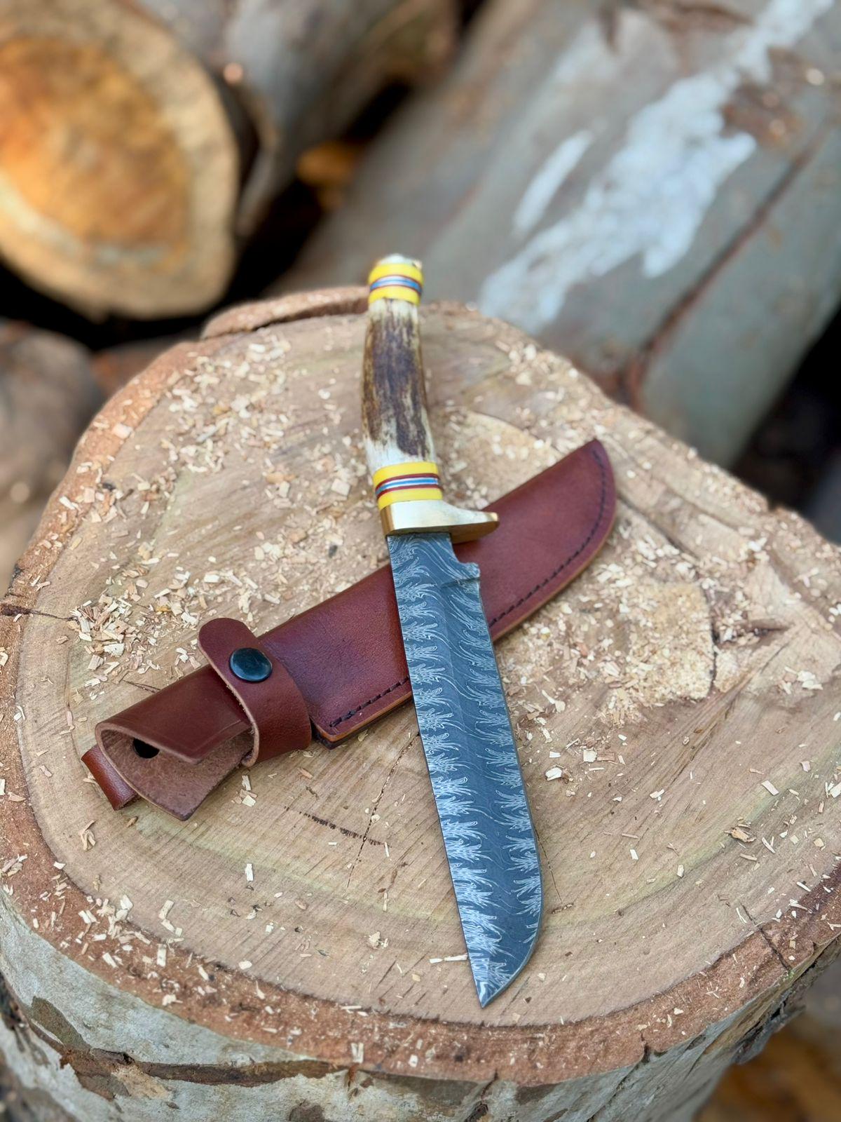 Mosaic Damascus Hunting Knife ,13" Fixed Blade with Stag Handle, Brass Guard & Pommel ,Custom Collectible Bowie Knife with Leather Sheath