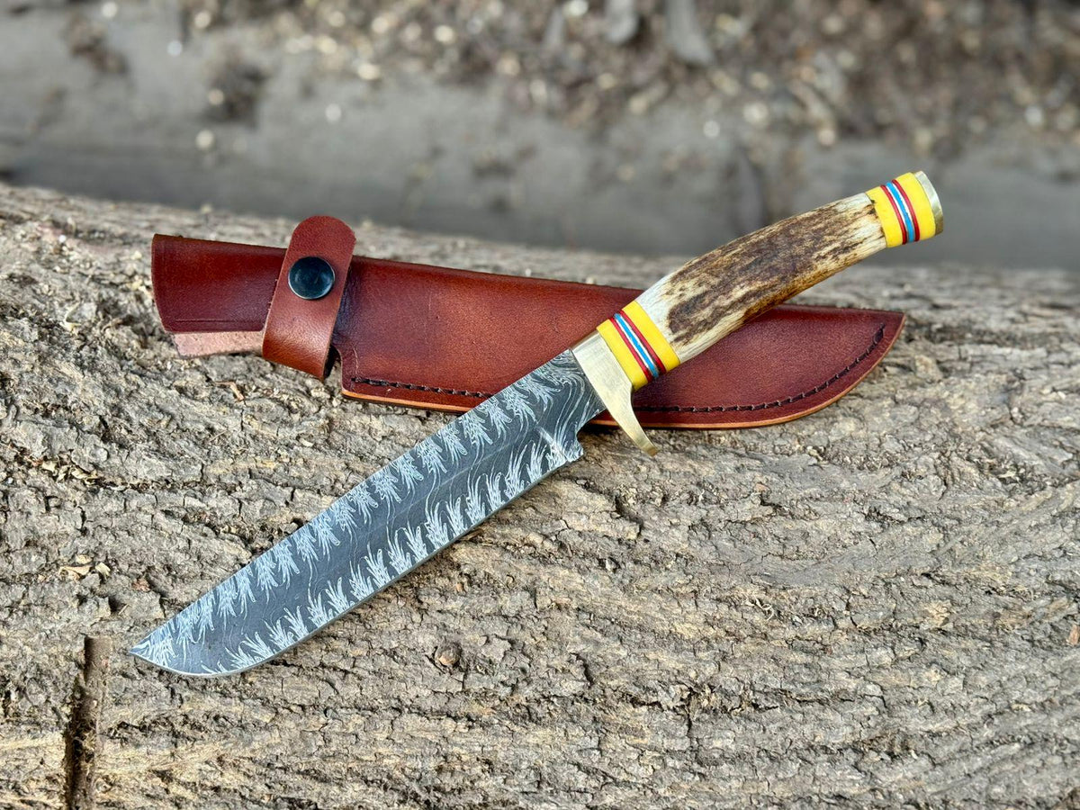 Mosaic Damascus Hunting Knife ,13" Fixed Blade with Stag Handle, Brass Guard & Pommel ,Custom Collectible Bowie Knife with Leather Sheath